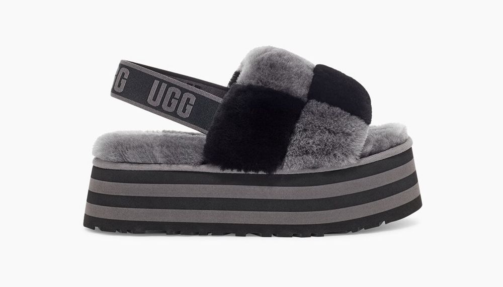 Ugg Disco Checker - Womens Slides - Black / Dark Grey - NZ (2809MCLIT)